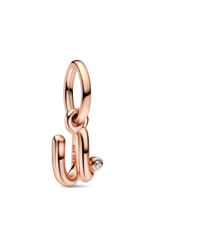 Front of a size O/S Letter U Script Alphabet Dangle Charm in Rose Gold in Rose Gold by Pandora. | dia_product_style_image_id:329209